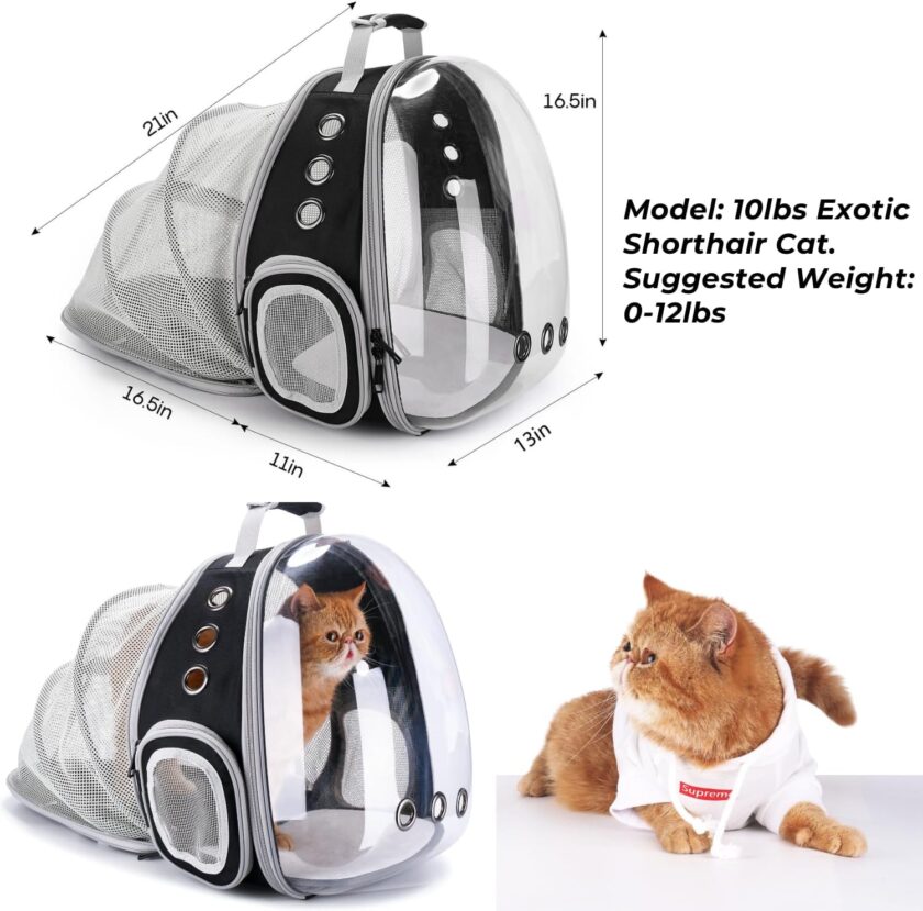 Cat Carrier Backpack, Bubble Expandable Backpack Carrier, Pets and Small Dogs,Airline-Approved, Designed for Travel, Hiking, Walking & Outdoor Use (Back Expandable-Black) - Image 2