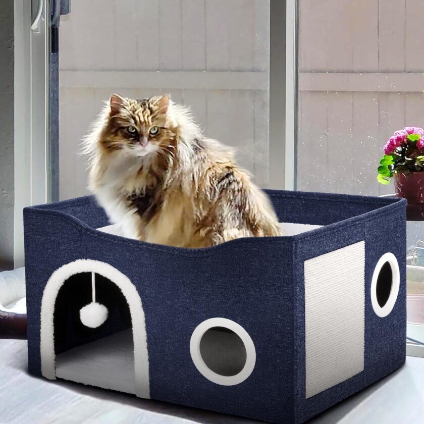 Cat House for Indoor Cats - Large Cat Bed Cave with Fluffy Ball and Scratch Pad, Foldable Cat Houses & Condos, Cat Cubes, Cat Hideaway, Covered Cat Bed for Multi Small Pet Large Kitty - Image 2