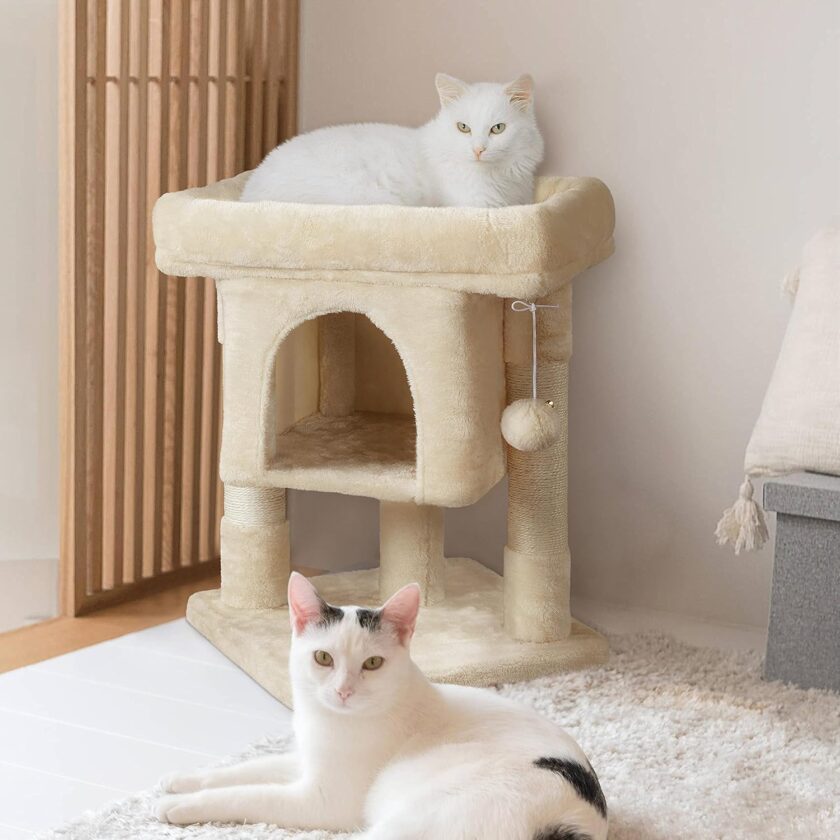23.5in Cat Tree Tower, Cat Condo with Sisal-Covered Scratching Posts, Cat House Activity Center Furniture for Kittens, Cats and Pets - Beige - Image 2